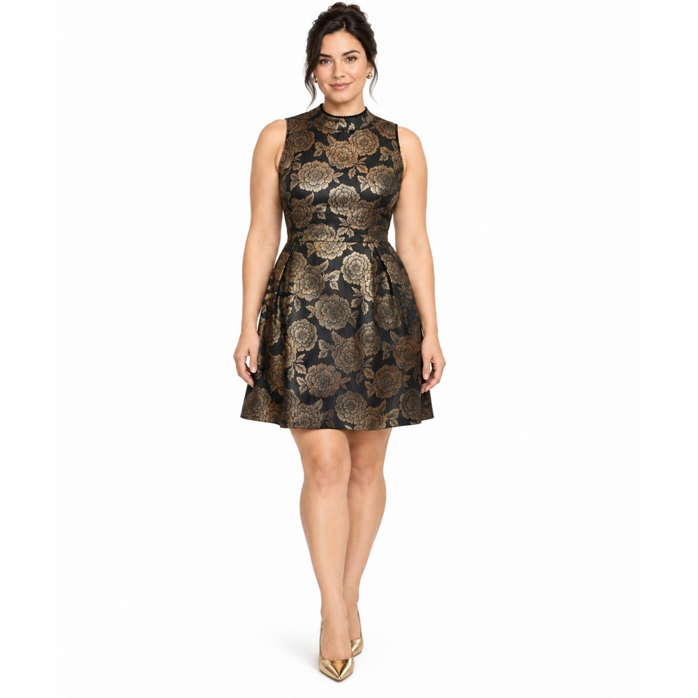 Cocktail Party Floral Adrianna Papell Brocade Dress Sleeveless 10 Black Gold